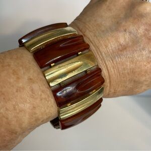 Antique 30s Art Deco Bakelite Modular Panel Bracelet Gold Patina Rare Wide Chain
